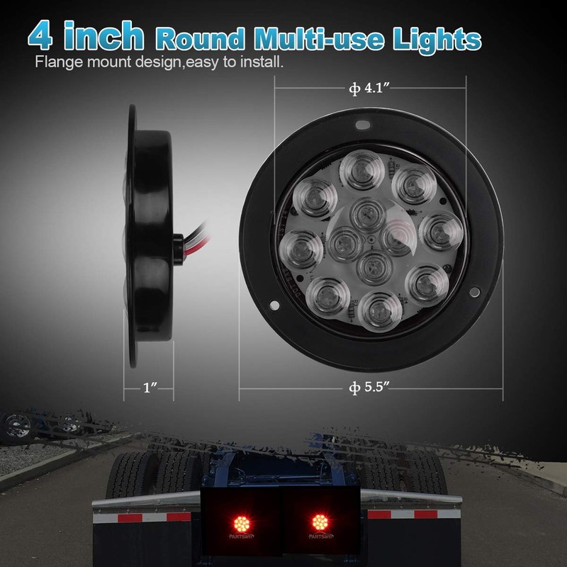 Partsam 2Pcs 4 Inch Round Red LED Trailer Tail Lights