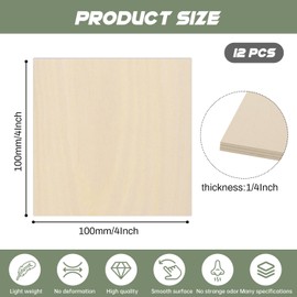 12 Pack Plywood Sheets, 4" x 4"x 1/4" Basswood Sheets, 6mm Basswood Craft Wood Sheet, Unfinished Wood Boards Blanks for Laser Cutting, Engraving, Burning, Crafts