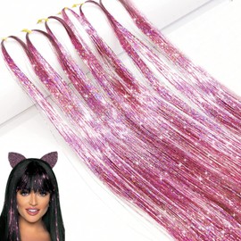 Hair Tinsel Extensions, 1200Strands Holographic Sparkle Glitter Highlights Hairpieces Colorful Straight Fairy Shiny Tinsel Long Dazzle Synthetic Hair for Women Girls Party Decoration-47Inch, Pink