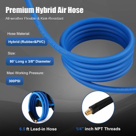 80FT + 6.5FT Retractable Air Hose Reel, Wall Mount Penumatic Hose Reel for Garage Workshop, Automatic Rewind, 3/8" x 80' Hybrid Air Hose with Brass Fittings + Bend Restrictors, 300PSI