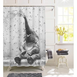 African Elephant Shower Curtain Funny Elephant Taking Shower Bathroom Curtain Cute Wild Animal on Raindrop Background Bath Curtain Fabric Bathroom Decor Set for Kids Hooks Included 72x72inch