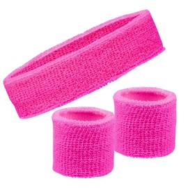 Neon Sweatbands Set – 80s Retro Headband & Wristbands | Sports Sweatband for Men & Women | Gym, Workout, Running, Tennis, Cycling, Basketball, Yoga & Fancy Dress Accessories (Hot Pink, One Size)