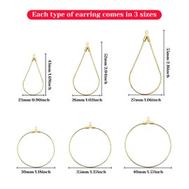 120Pcs Earring Hoops for Jewelry Making Beading Hoop Earring Findings Geometric Beading Earring Teardrop Round Beading Hoop Earrings Bulk for DIY Crafts Art Creation Girl Gift (K Gold, 3 Sizes)