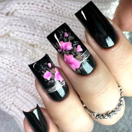 Flower Press on Nails Medium Square Artificial Acrylic Fake Nails Pink Floral Pattern Design Black Glossy Stick on Nail Full Cover Reusable Coffin Artificial Fingernails Glue on Nail for Women 24Pcs