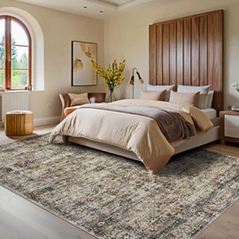 Extra Large Area Rug 10x13 Vintage Floral Rug with Non Slip Rubber Backing, Thin Washable Carpet, Low Pile Foldable Floor Mats, Retro Oriental Printed Carpet for Open Spaces Hotel, Brown