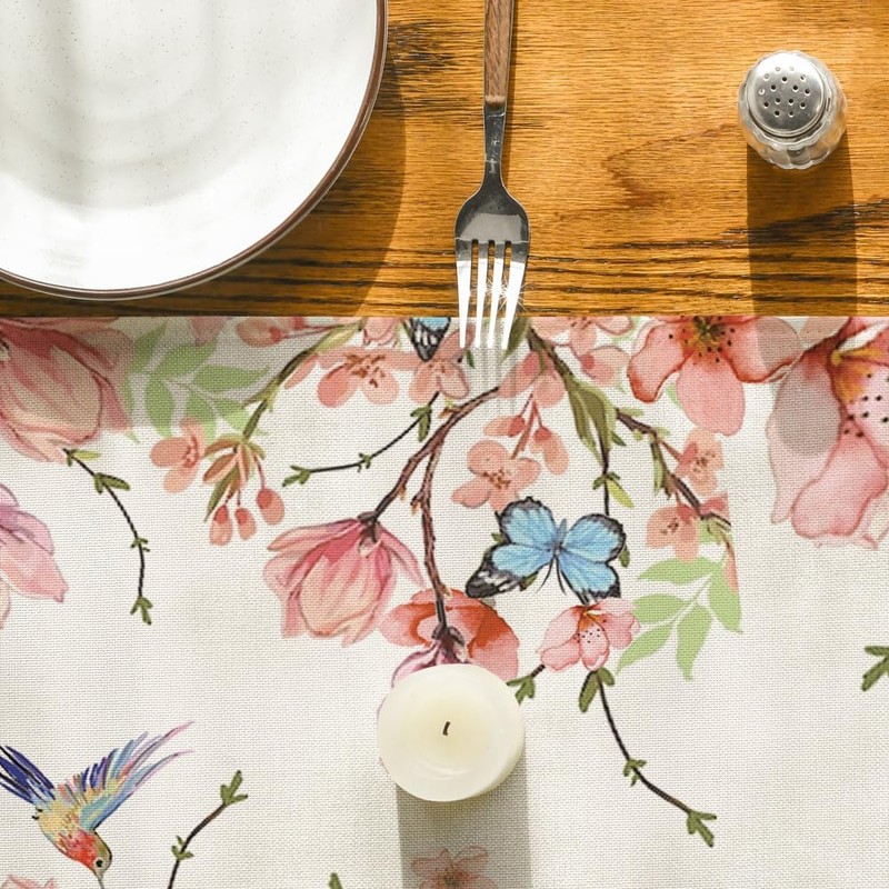Artoid Mode Flowers Bird Butterfly Spring Table Runner, Seasonal Kitchen