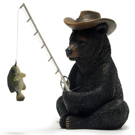 Hodao Black Bear Fishing Figurines Decoration Summer Bear Crafts for Home Office Desk Decor Statue for Tabletop Shelf Decoration Ornament Gifts Decor for Beach Fishing Lovers (Black)