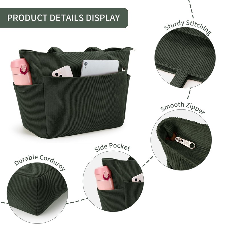 WLLWOO Large Corduroy Tote Bag Women Anti Splash Zipper Casual