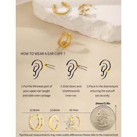 Caffordo Hypoallergenic Ear Cuffs Non Piercing For Women - Dainty 14K Gold Plated Cuff Earrings with Cubic Zirconia - Small Flower Bow Chain Fake Earring - 3Pcs Thin Clip On Cartilage Jewelry Gift