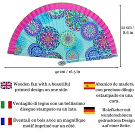 Planta Color Wooden Folding Fan with Printed Design – Set with Handcrafted Protective Case with Zipper and Keyring Souvenir – Handcrafted Case – Lightweight and Compact (Turquoise Fiesta)
