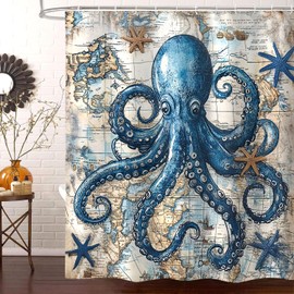 Octopus Shower Curtain for Bathroom, Funny Ocean Vintage Nautical Shower Curtains, Coastal Map Waterproof Fabric Shower Curtain Set with 12 Hooks, Retro 72 x 72 Inch