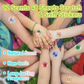 VKPI Scratch and Sniff Stickers, 1152 Pieces Fruits and Foods Smelly Stickers, 12 Different Scents, 48 Sheets, Reward Motivate Stickers for Kids, Teachers, Crafts, Party Favor, Christmas Gift