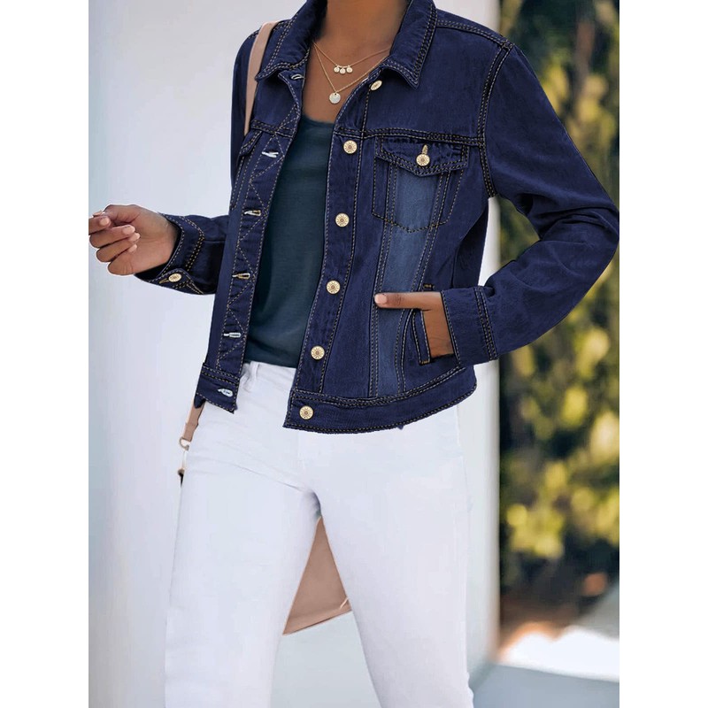 luvamia Women's Basic Button Down Stretch Fitted Long Sleeves Denim