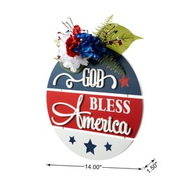 Glitzhome 4th of July God Bless America Wood Sign with Hydrangea,14"D Round Patriotic Door Hanger Farmhouse Wreath Porch Sign Rustic Independence Day Outdoor Plaque Wall Art Decorations for Home