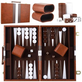 Backgammon Wooden Suitcase, 2 Players, Classic Travel Backgammon Set with High-Quality Leather Case, Portable and with Cube Cup for Campers and Travel Fans