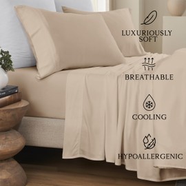 KARISSA MAE Cooling Bamboo Viscose Queen Sheet Set | 100% Organically Grown | 18” Deep Pocket | Silky, Soft, & Hypoallergenic | with Organizer Band & Elastic Corner Straps [Dune]