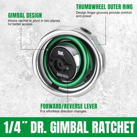 SK 1/4" Drive Gimbal Ratchet, 72 Tooth Gimbal Palm Ratchet, with Reversible Lever, Ideal for Tight Space