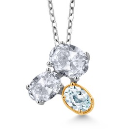Gem Stone King 925 Silver and 10K Yellow Gold White Topaz and Sky Blue Aquamarine Pendant Necklace For Women (3.00 Cttw, Oval 8X6MM, 7X5MM and 6X4MM, Gemstone November Birthstone, with 18 Inch Chain)