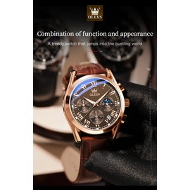 OLEVS Men Watch Leather Strap Moon Phase Casual Classic Analog Quartz Calendar 3ATM Waterproof Luminous Men Wrist Watches