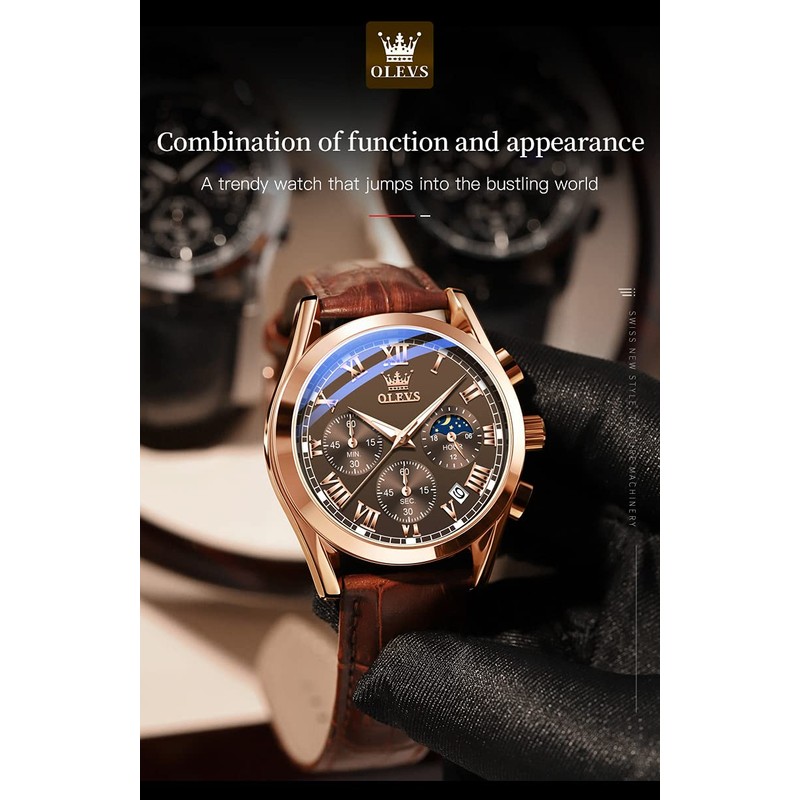 OLEVS Men Watch Leather Strap Moon Phase Casual Classic Analog