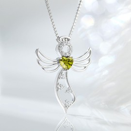 JiaYang Little Guardian Angel Halskette 925 Sterling Silber mit Herz August Peridot Engelsflügel Anhänger Einzigartige Geschenke für Sie
