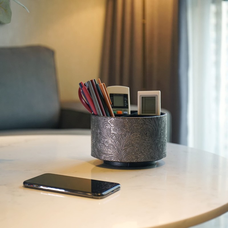 lizimandu Round Leather Art Supply Organizer,Remote Control Holder,360 Degree Spinning,Multi-Functional