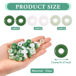 Magibeads 75Pcs 12mm Glass Donut Beads Ring Charms Green Circle Beads for Bracelets Flat Round Faux Jade Pendants Large Hole Donut Beads for Crafts DIY Jewelry Making Supplies