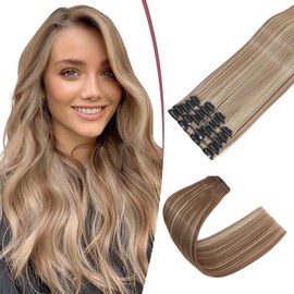 TESS Clip-In Extensions, Straight, 12 Pieces, Synthetic Hairpiece, 55 cm, Light Brown with Ash Blonde, Hair Extensions with Clips, Synthetic 180 g, Hair Extensions, Clip-In Hairpiece