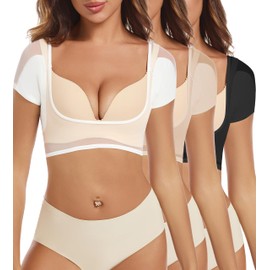 LOVCUIIO Womens 3 Pack Low Cut Crop Tops Short Sleeve See Through Sheer Mesh Crop Undershirts, Low-cut Neck Stretch Fitted Tops, Sweatproof with Sweat Pads, Size Large