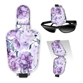 DtuiQSDRV Leather Magnetic Sunglass Holder for Car Sun Visor, Cute Eyeglass Ticket Card Hanger Clip, Universal Auto Interior Accessories for SUV Pickup Truck Purple Floral