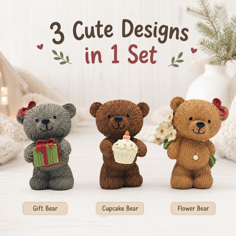 MeritMode Teddy Bear Ornaments Set, 2.8”H Resin Figures, Cute Home