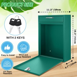 Yaocom Locking Mailbox with Key for Outdoor Large Wall Mount Mail Box with Lock Security Mail Drop Metal Collection Boxes Hanging Secure Postbox(Green,16.2 x 11.2 x 4.7 Inches)