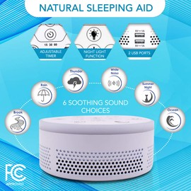 White Noise Sound Machine for Adults, Kids, and Babies. 4 in 1: 6 Natural Sounds, 2 USB Ports, Timer, 2 Night Light Modes. Portable for Home, Office, and Travel.