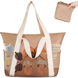 Bolsa de Playa para Mujer,LIHYL Bolso de Hombro de Malla Plegable para Mujer, Grande Bolsa de Mano con compartimento cremallera y 4 bolsillos para playa, picnic
