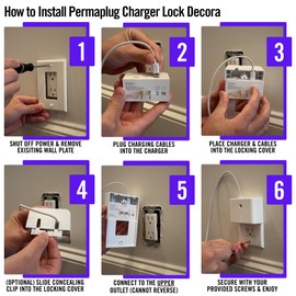 Permaplug Charger Lock Decora for Decorator Style Power Outlets: Safeguard Your Phone Charger Against Theft, Unplugs, and Cable Damage (USB-C to USB-C, 10ft)