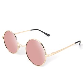 FEISEDY Retro Round Polarised Sunglasses Vintage Women Men Spring Hinge Metal Frame B2528, 005 Rose Gold Frame Pink Mirrored Lenses