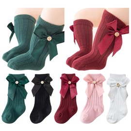 QandSweet - Calcetines altos hasta la rodilla para bebé recién nacido, sin costuras, con botones de lazo grande, Negro/Rosa/Blanco/Verde/Rojo Oscuro, 6-12 Meses