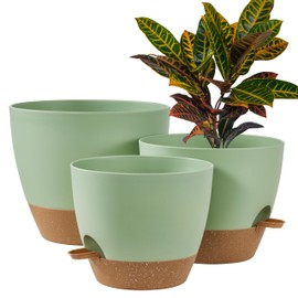 FaithLand 3-Pack Large Planter Pots, 12 10 9 Inch Self Watering Flower Pots for Indoor Outdoor Garden Plants, Green with Brown