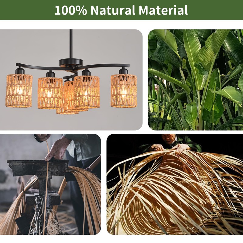Povectolay Boho Hand Woven Chandelier, 6-Light Black Pendant Lights Kitchen