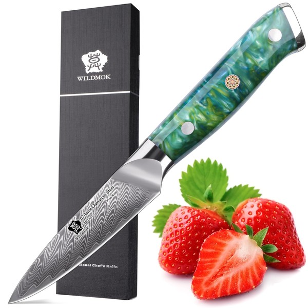 WILDMOK Couteau d'office Couteau à fruits de 8 cm avec lame en acier Damas VG-10 à 67 couches Petit couteau de cuisine parfait pour trancher les fruits et légumes. petit couteau