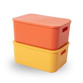 HapiLeap Plastic Storage Bins with Lid, Stackable Storage Containers for Organizing, Decorative Storage Baskets for Shelves Living Room Playroom Classroom Office (Medium 2PCS (Yellow+Orange))