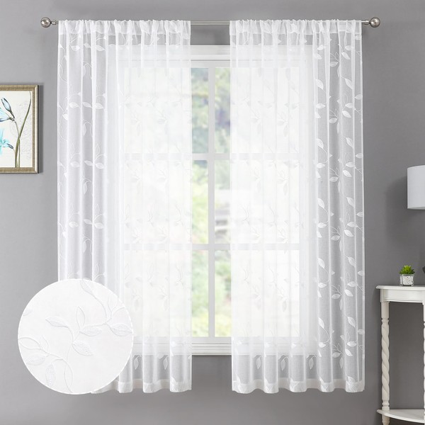 Tollpiz White Leaf Sheer Curtain Leaves Embroidered Bedroom Curtains Rod