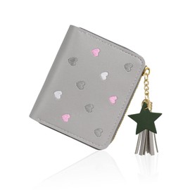 FuninCrea Women's Purse with Star Pendant, PU Leather Bag with Slots, Small Card Holder with Zip, Purse for Women with Embroidered Heart Pattern, gray, Minimalist