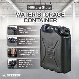 Scepter 5 Gallon Water Container, 20 Liter Portable Military Style Storage for Camping, Outdoors and Emergency, with BPA-Free Plastic, Black, 1 Pack