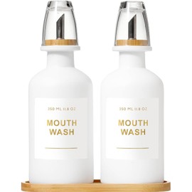 BONLONG 11.8OZ Mouthwash Dispenser for Bathroom with Bamboo & Stainless Steel Pour Spout, Mouthwash Cups Reusable, Bamboo Tray, and Elegant Gold Label. Set of 2（White