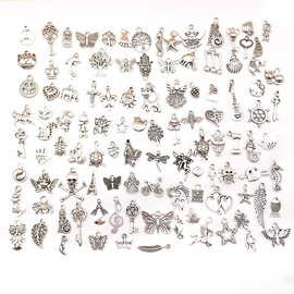 AIMALL 100PCS Bulk Tibetan Silver Mix Charm Pendants for Necklace Jewelry Making, DIY Bracelets, Keychains, and Crafts - Assorted Designs for Creative Projects
