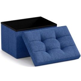 Ornavo Home Small Storage Ottoman Foldable Collapsible Rectangle Linen Ottoman Foot Rest Stool Seat, for Living Room, Bedroom, Home Office, Dorm - 12 x 16 x 12, Navy Blue
