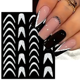 IDDFEVE Glitter French Line Nail Art Stickers - Silver Sparkly Self-Adhesive Curved Stripes, V French, Wavy Nail Decals, French Tips Guides Designs for DIY Manicure (5 Sheets)