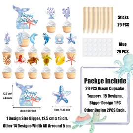 VARACL 29 Pieces Ocean Animals Dolphins Shell Octopus Cupcake Toppers Food Picks for Boys Kids Baby Shower Under the Sea Birthday Party Decorations