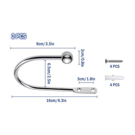 Hitopin 2PCS Metal Curtain Holdback Hooks Decorative Drapery Holdbacks Hooks Round Head U Style Metal Curtain Holdbacks Hooks Wall Mounted Curtain Tie Backs Hooks, for Fixed Curtain (Silvery)
